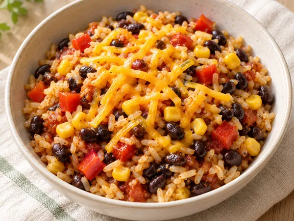 AI-generated serving illustration of Black bean & corn rice bowls