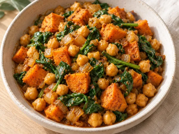 AI-generated serving illustration of Chickpea & sweet potato skillet