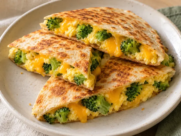 AI-generated serving illustration of Broccoli-cheddar egg quesadillas