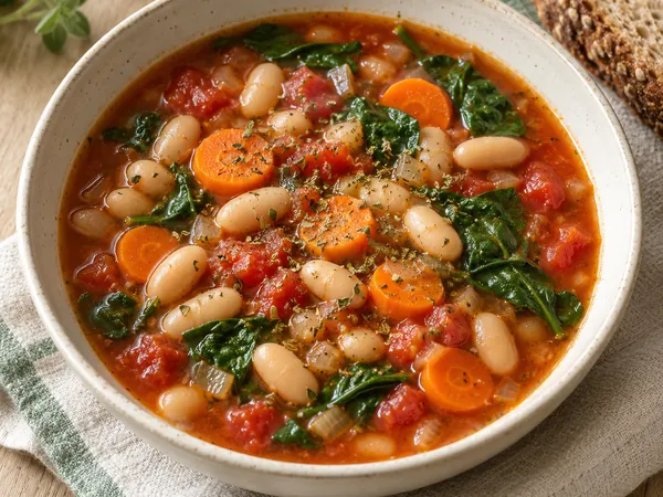 AI-generated serving illustration of White bean, carrot & tomato soup