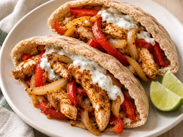 AI-generated serving illustration of Chicken fajita pitas