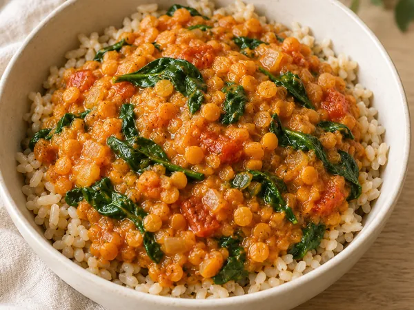 AI-generated serving illustration of Red lentil tomato curry