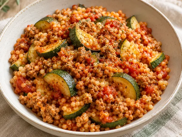 AI-generated serving illustration of Turkey & zucchini tomato skillet