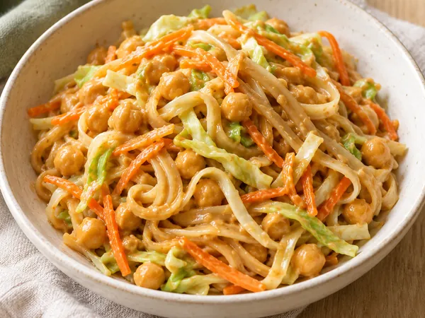 AI-generated serving illustration of Peanut noodles with cabbage & carrots