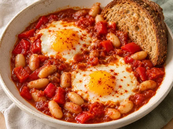 AI-generated serving illustration of Egg & white bean tomato skillet