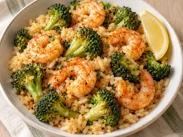 AI-generated serving illustration of Shrimp, broccoli & rice skillet