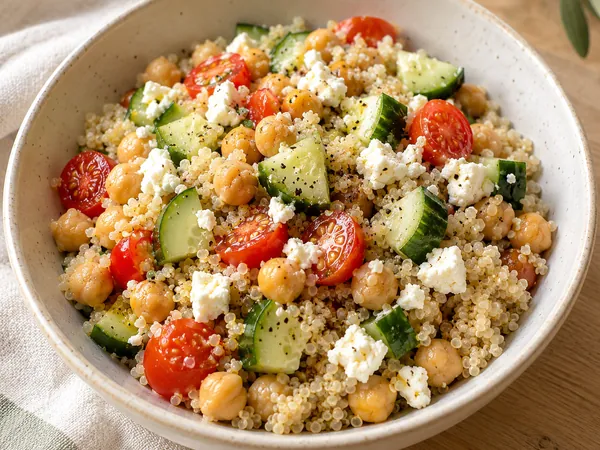 AI-generated serving illustration of Chickpea, cucumber & quinoa bowls