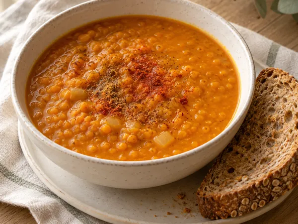 AI-generated serving illustration of Pumpkin & red lentil soup