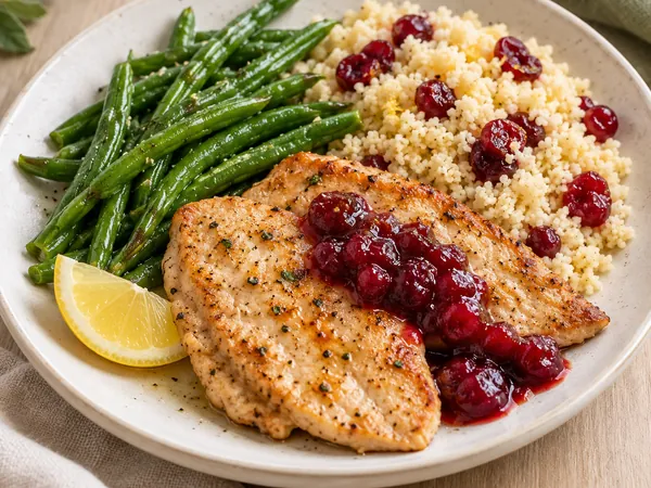 AI-generated serving illustration of Holiday turkey cutlets & cranberry couscous