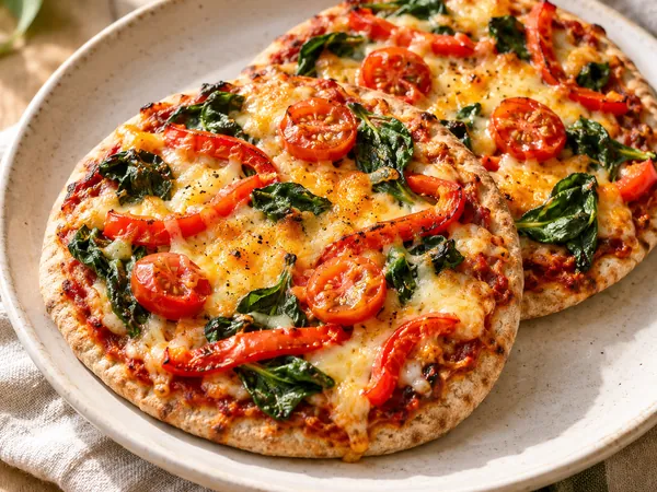 AI-generated serving illustration of Family pita pizzas with peppers & spinach