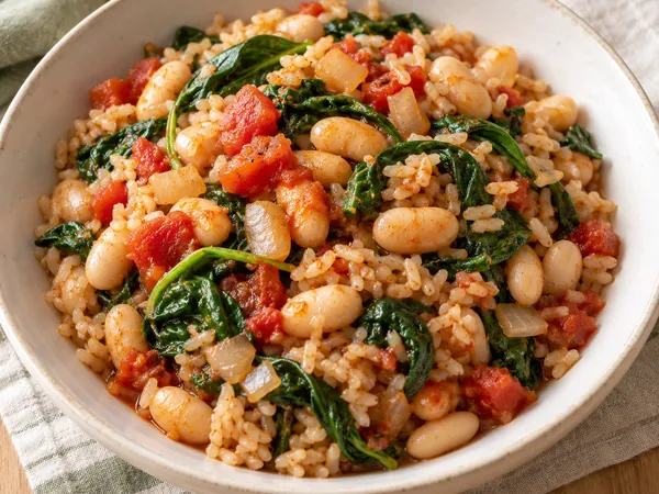 AI-generated serving illustration of Warm white bean & greens bowls