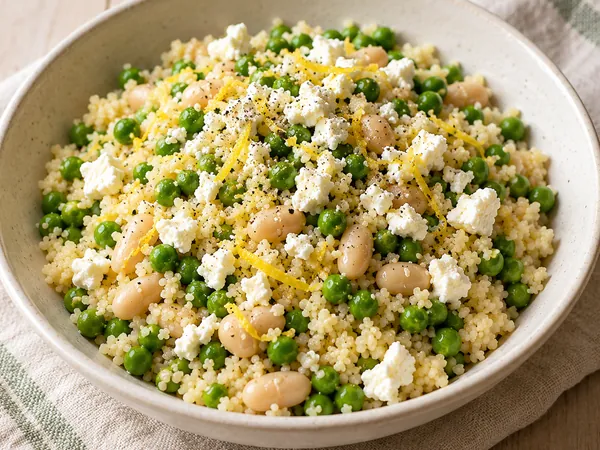 AI-generated serving illustration of Spring pea & white bean couscous