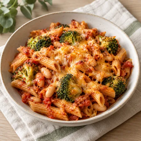 AI-generated serving illustration of Broccoli & white bean pasta bake