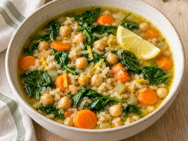 AI-generated serving illustration of Lemon chickpea & rice soup
