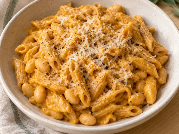 AI-generated serving illustration of Creamy pumpkin & white bean pasta