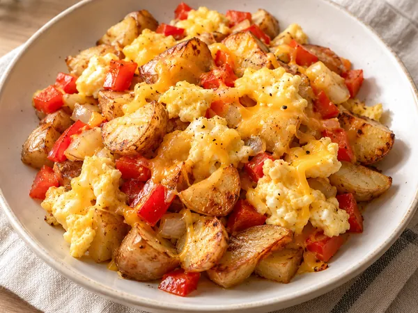 AI-generated serving illustration of Pepper, potato & egg supper skillet