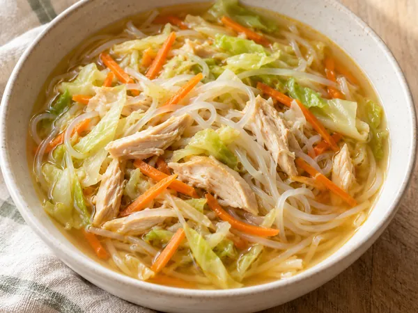 AI-generated serving illustration of Chicken, cabbage & noodle soup