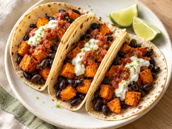 AI-generated serving illustration of Roasted sweet potato & black bean tacos