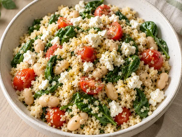 AI-generated serving illustration of Tomato, white bean & feta couscous