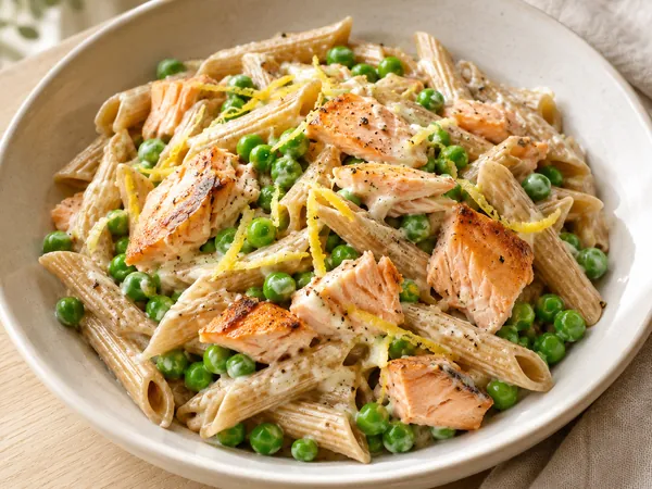 AI-generated serving illustration of Festive salmon & green pea pasta