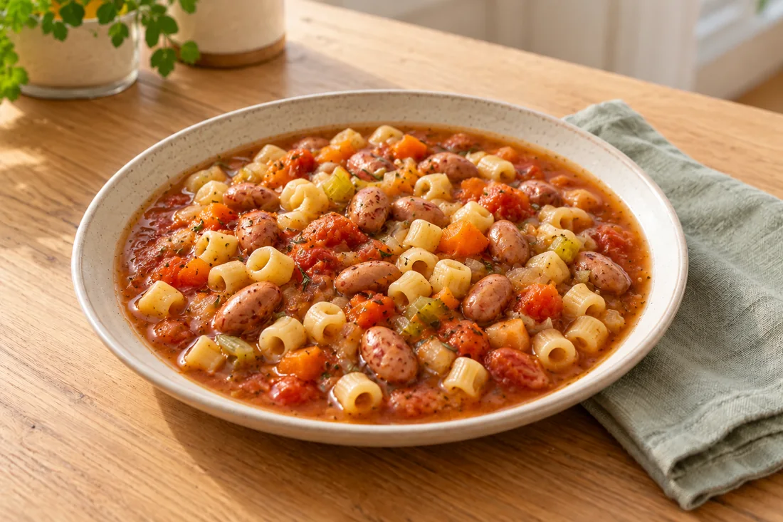 AI-generated serving illustration of Pasta e fagioli