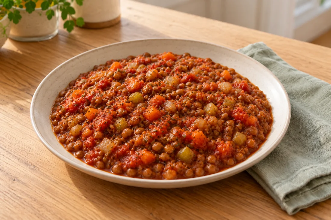 AI-generated serving illustration of Lentil bolognese