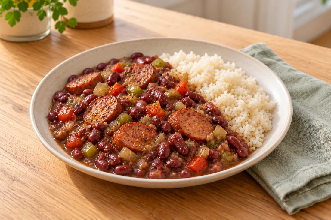 AI-generated serving illustration of Red beans and rice