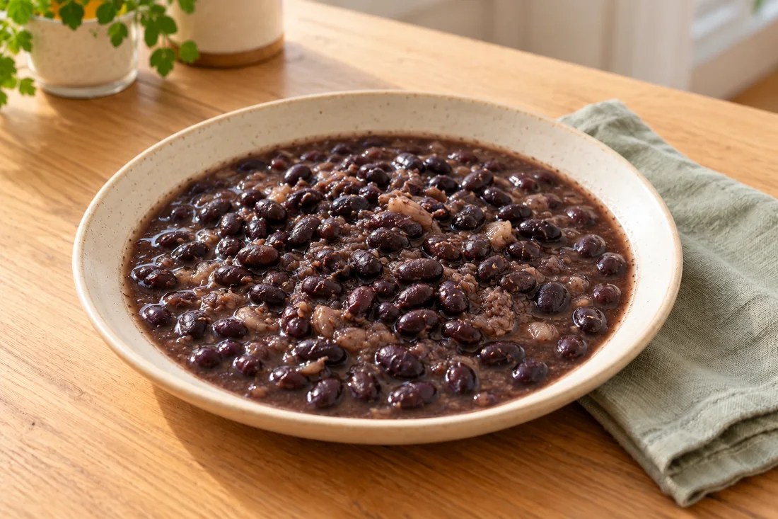 AI-generated serving illustration of Black bean frijoles de olla