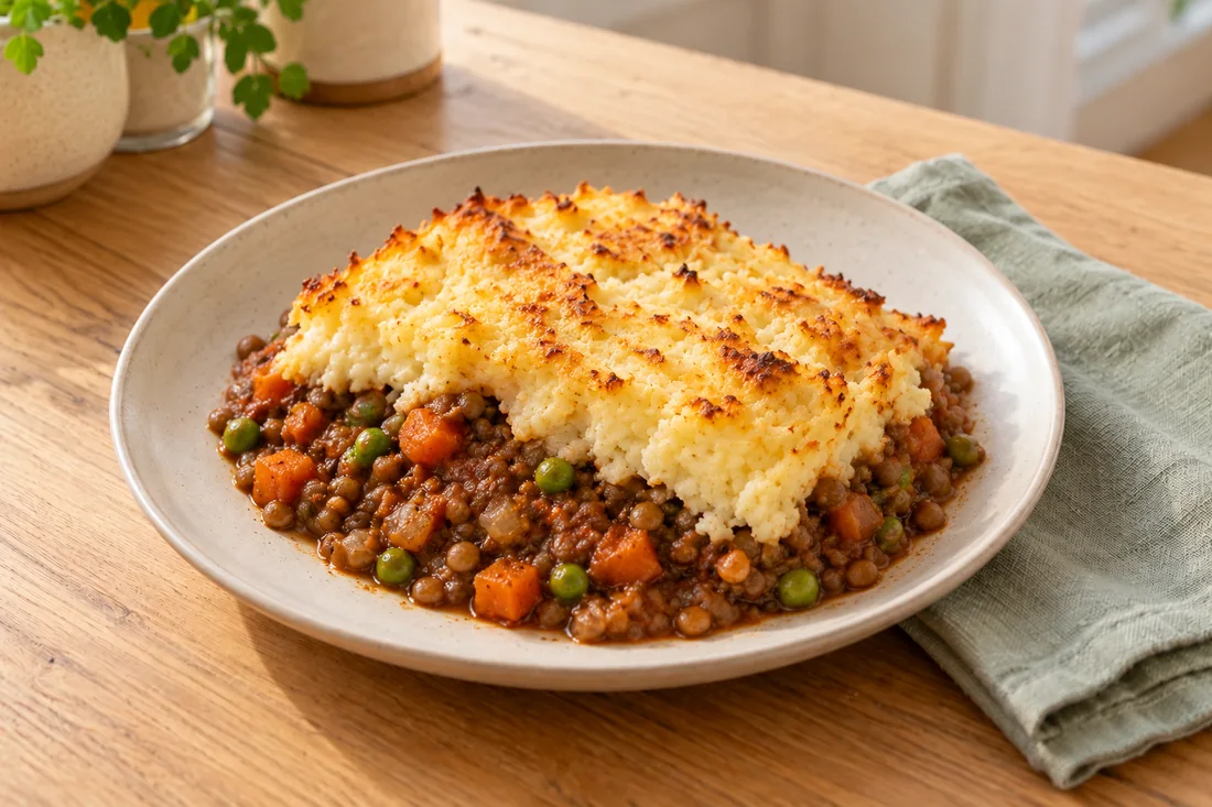 AI-generated serving illustration of Lentil shepherd's pie
