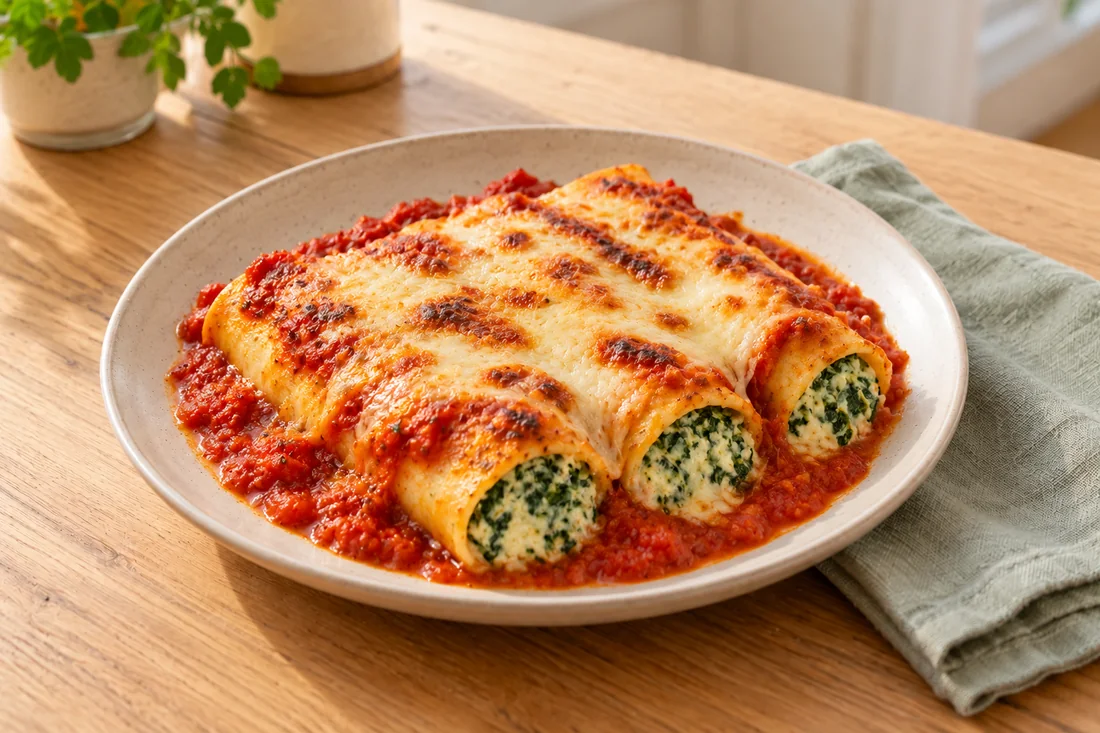 AI-generated serving illustration of Spinach ricotta cannelloni