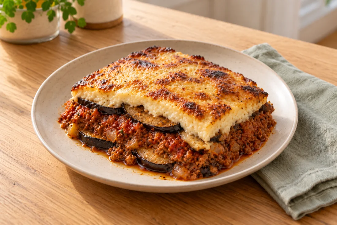 AI-generated serving illustration of Moussaka