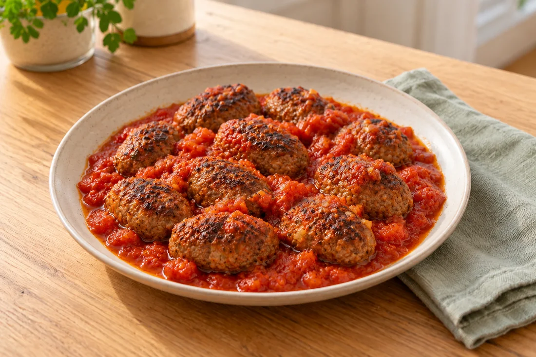 AI-generated serving illustration of Köfte in tomato sauce