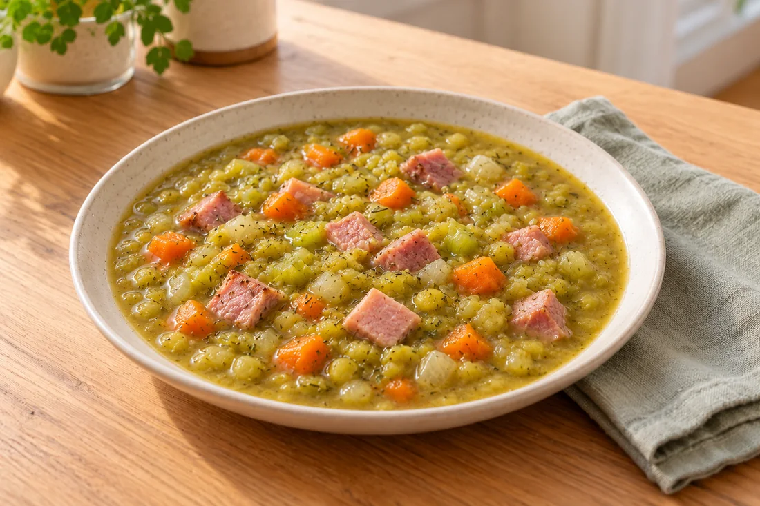 AI-generated serving illustration of Split pea and ham soup