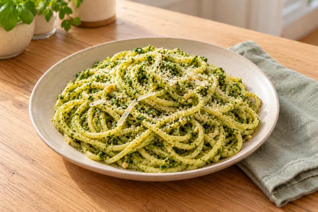 AI-generated serving illustration of Pasta al pesto