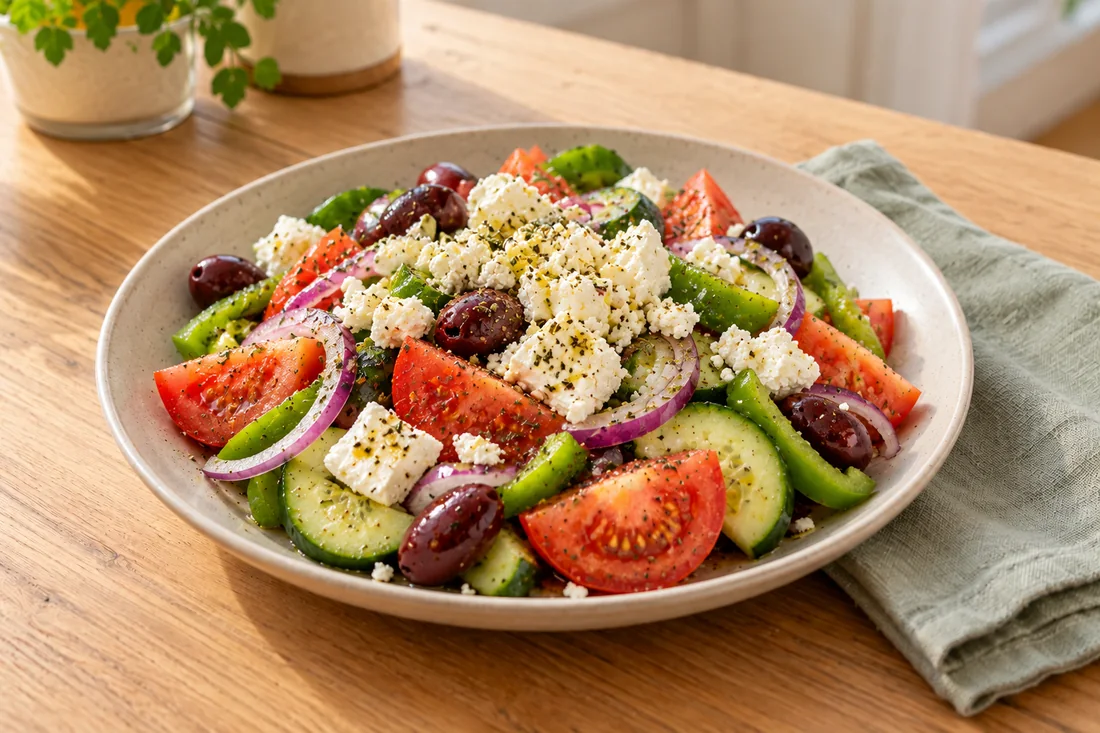 AI-generated serving illustration of Greek horiatiki salad