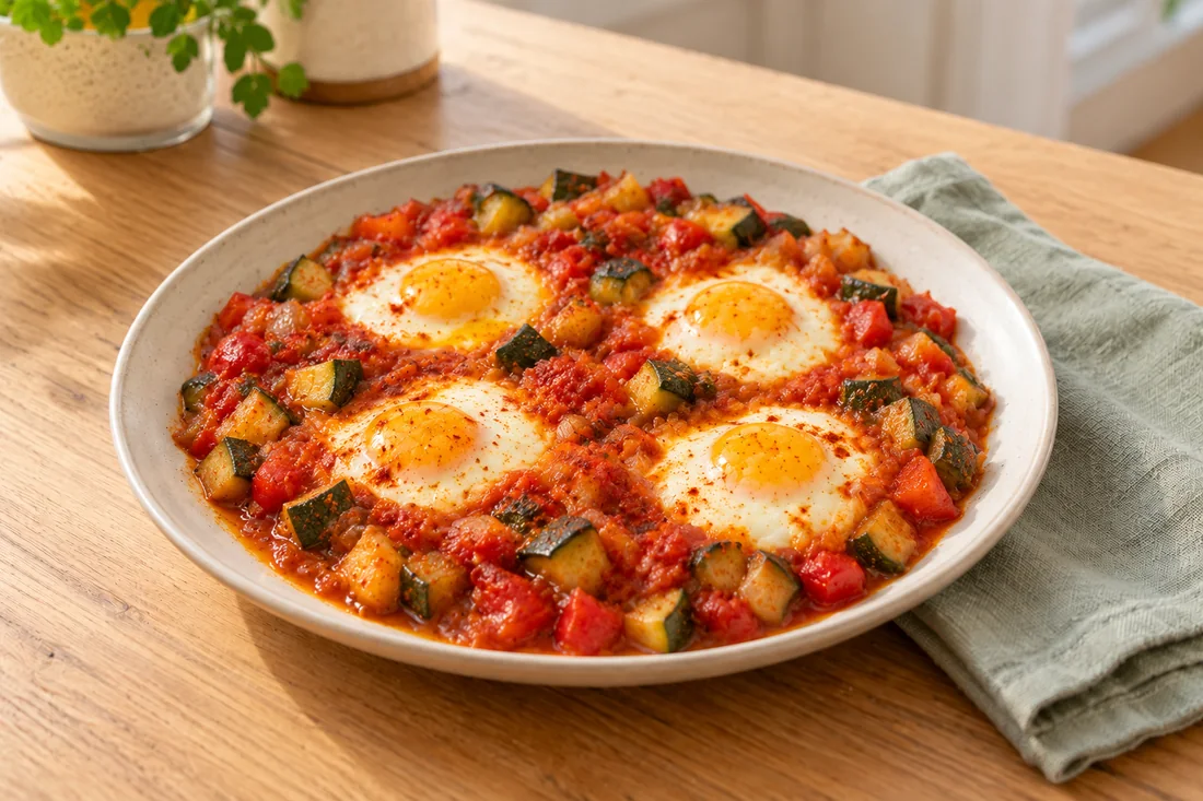 AI-generated serving illustration of Pisto with eggs