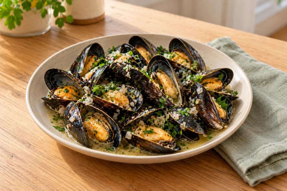 AI-generated serving illustration of Mussels marinière