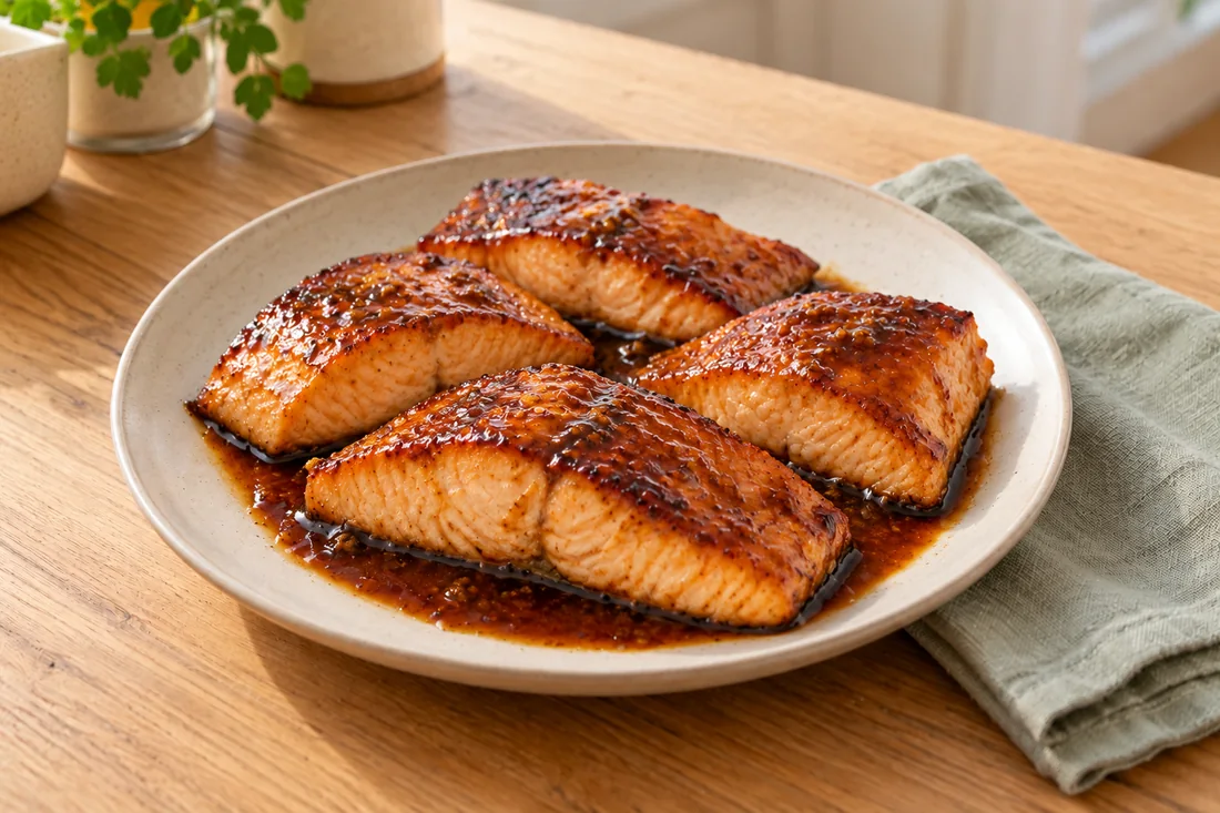 AI-generated serving illustration of Salmon teriyaki