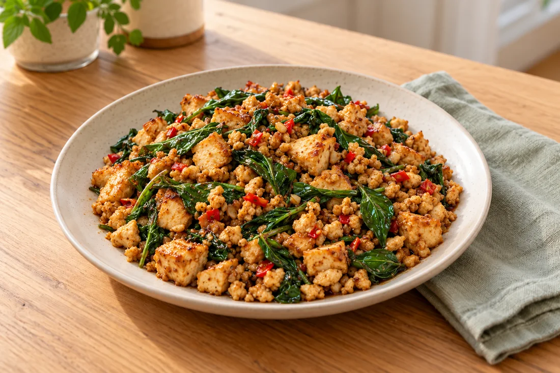 AI-generated serving illustration of Thai basil tofu