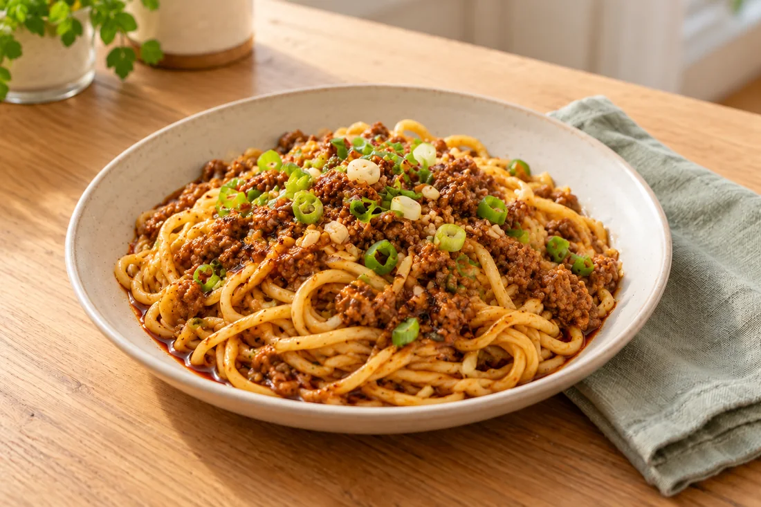 AI-generated serving illustration of Dan dan noodles