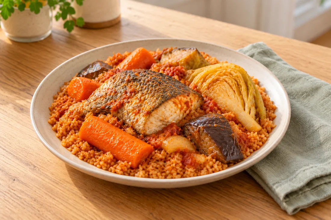 AI-generated serving illustration of Senegalese-style thiéboudienne