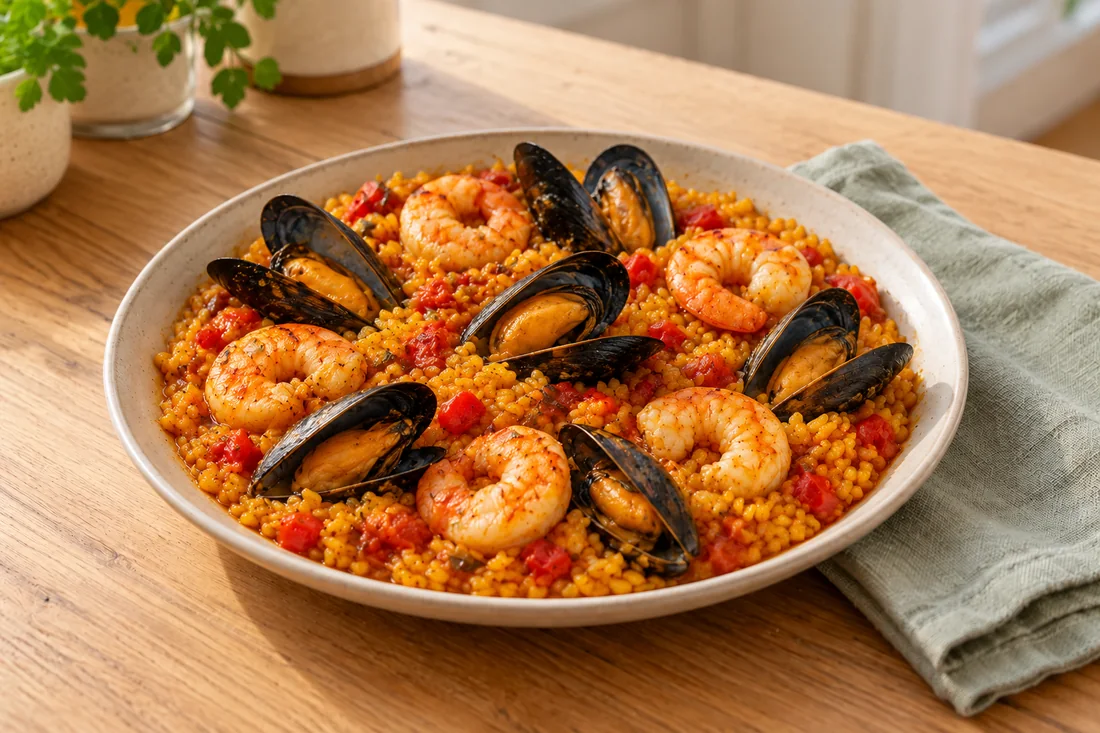 AI-generated serving illustration of Seafood paella