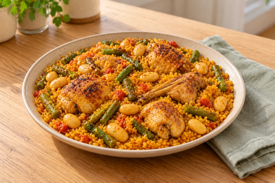 AI-generated serving illustration of Chicken and rabbit paella