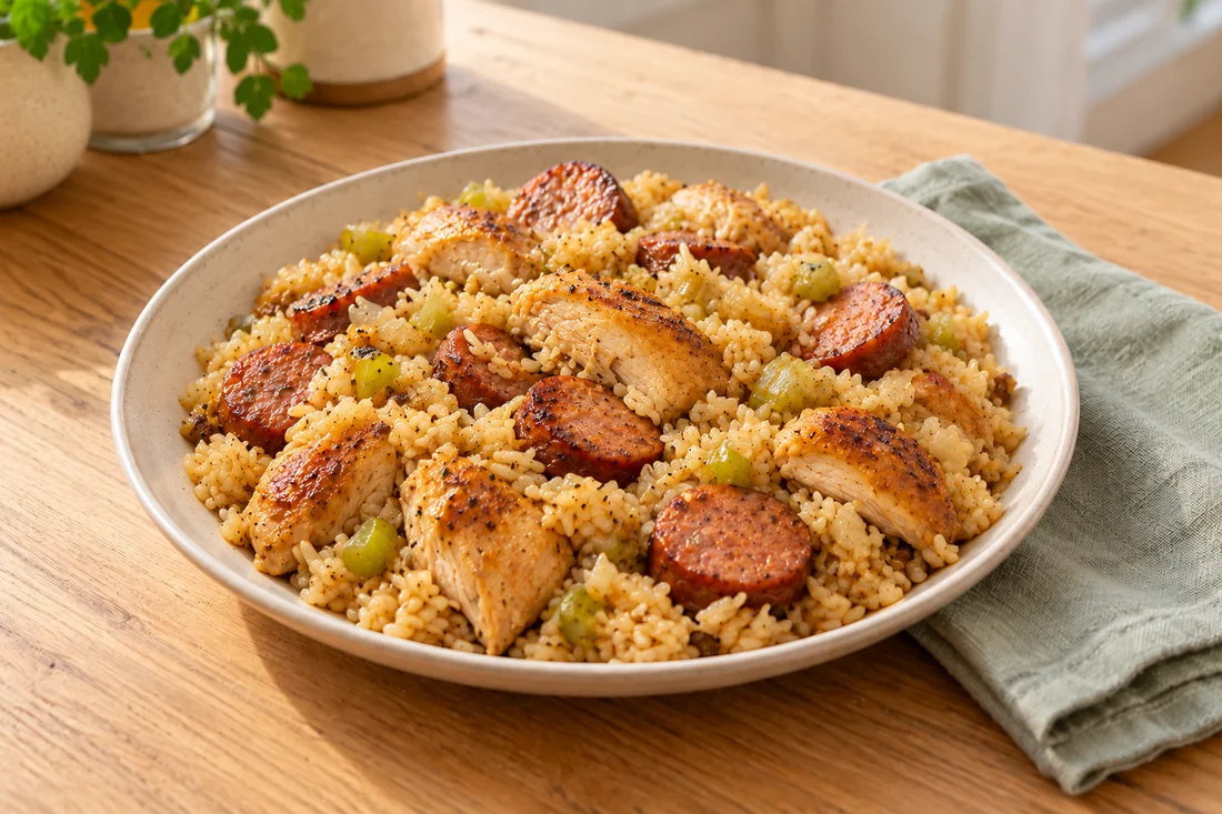 AI-generated serving illustration of Chicken and sausage pilau