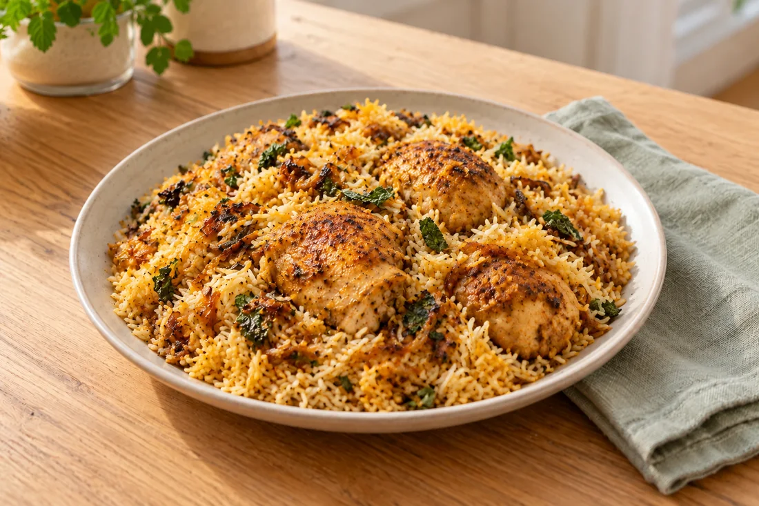 AI-generated serving illustration of One-pot chicken biryani