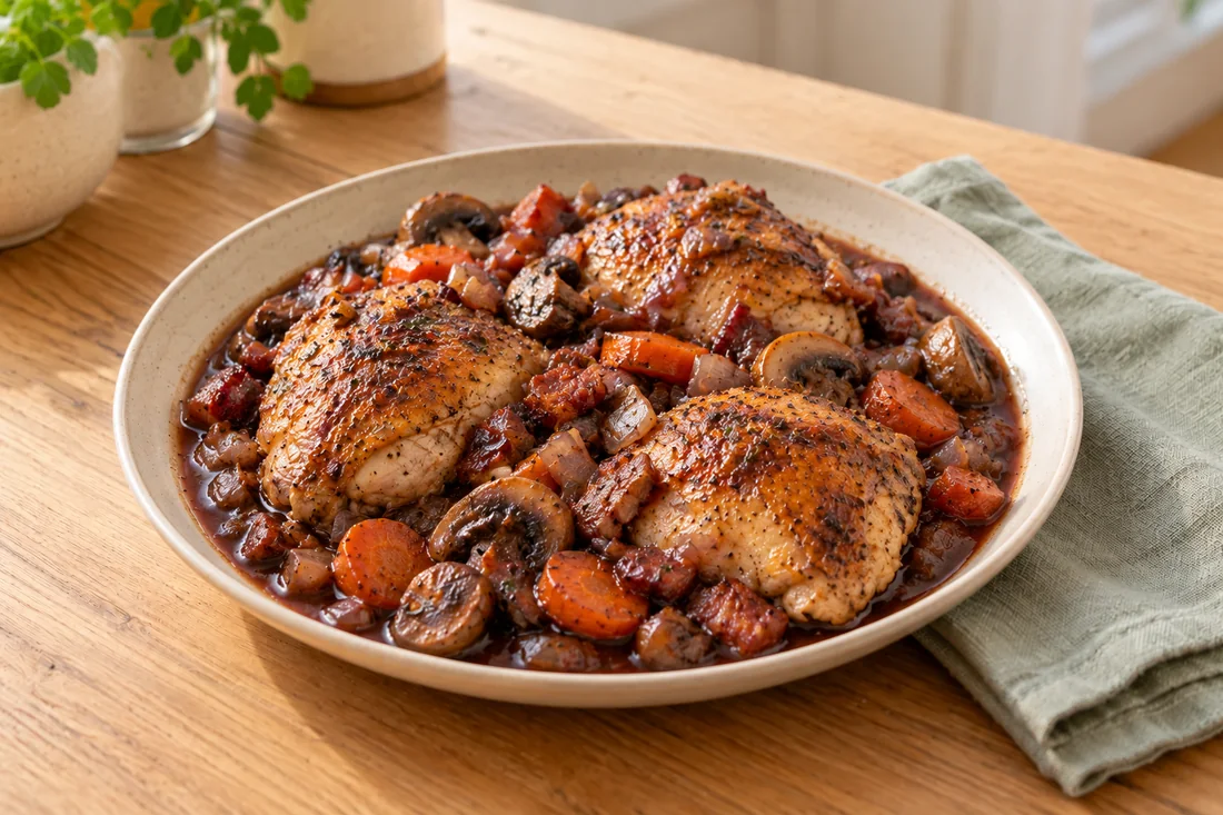 AI-generated serving illustration of Coq au vin