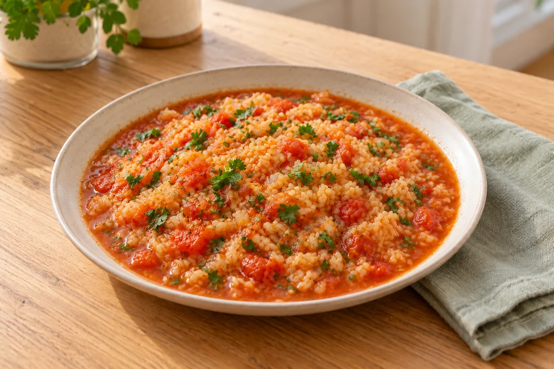 AI-generated serving illustration of Portuguese arroz de tomate