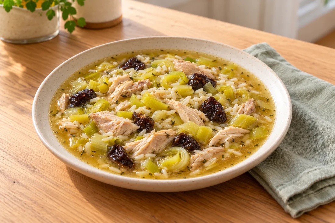 AI-generated serving illustration of Cock-a-leekie soup
