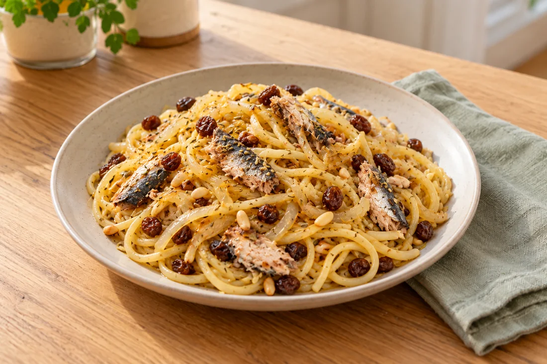 AI-generated serving illustration of Pasta with sardines