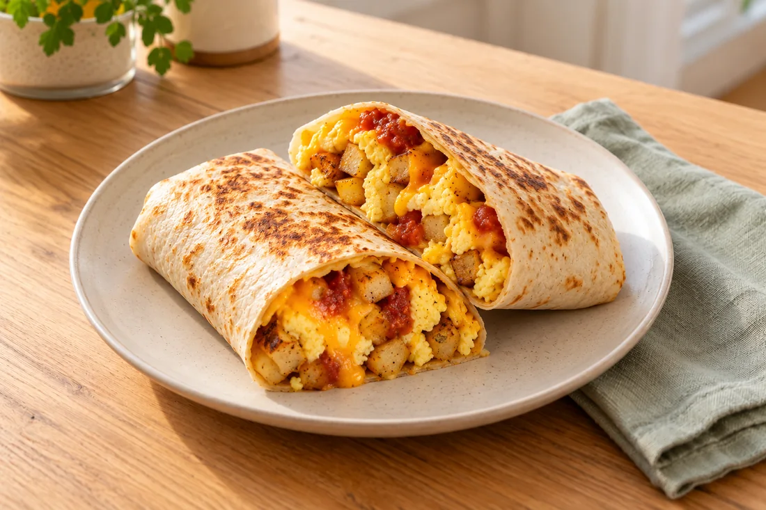 AI-generated serving illustration of Breakfast burritos